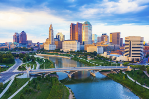 Aerial view of Downtown Columbus Ohio with Scioto river